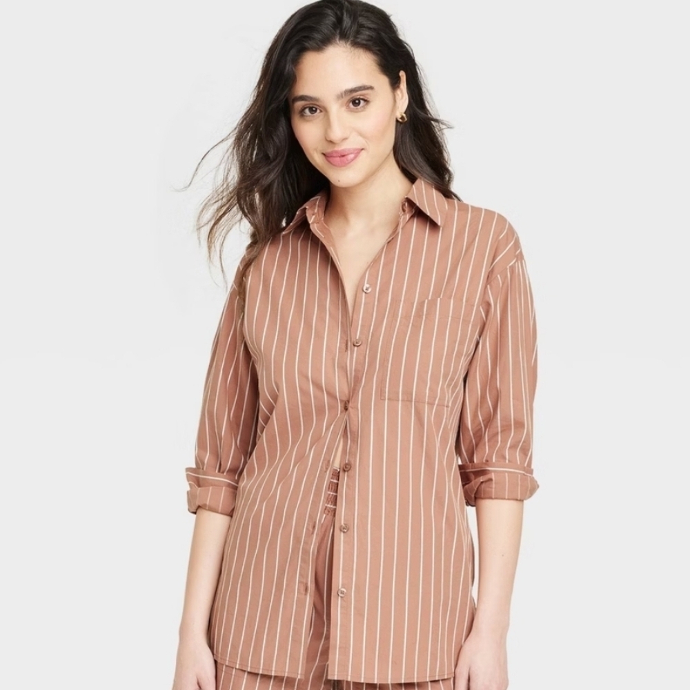 Women's Long Sleeve Button-Down Shirt - A New Day Brown Striped XL
